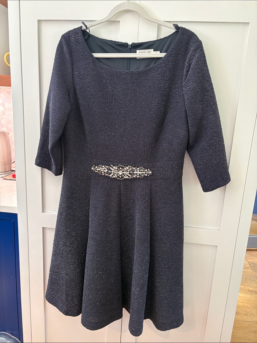 Eliza J Navy Sparkle Fit-and-Flare Dress with Jeweled Waist